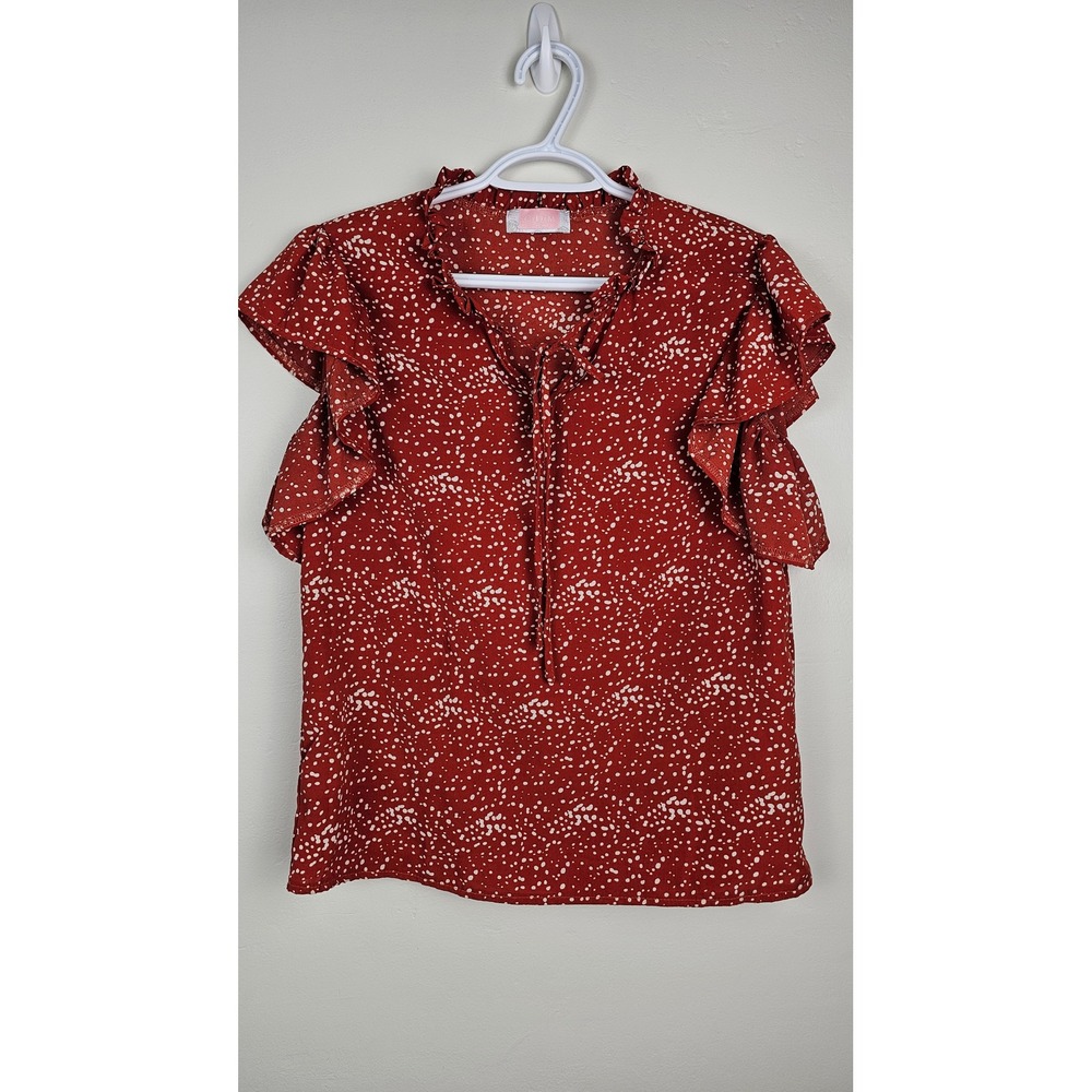 Red Polka Dot Top Women Medium Flutter Sleeve Ruffle Tie Neck
